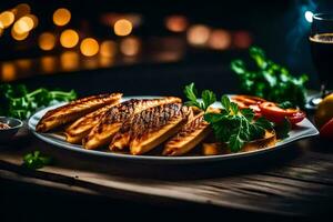 grillé poulet Sein sur une assiette avec des légumes et pain. généré par ai photo