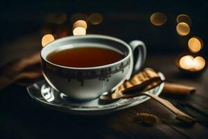 une tasse de thé sur une en bois tableau. généré par ai photo