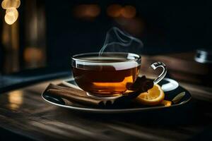 une tasse de thé avec cannelle et citron sur une en bois tableau. généré par ai photo
