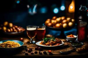 une table avec nourriture et les boissons sur il. généré par ai photo