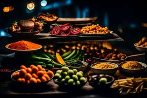 une table avec divers les types de nourriture sur il. généré par ai photo