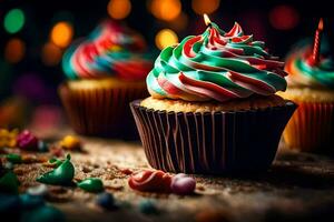 coloré petits gâteaux avec bougies sur une tableau. généré par ai photo