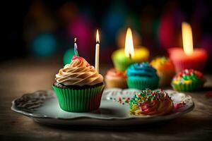 anniversaire petit gâteau avec une bougie sur une plaque. généré par ai photo