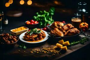 une table avec nourriture et du vin. généré par ai photo