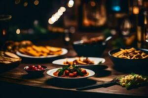 une table avec nourriture et les boissons sur il. généré par ai photo