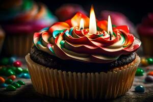 une petit gâteau avec coloré bougies sur Haut. généré par ai photo