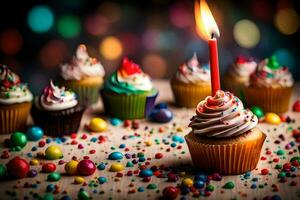 une anniversaire bougie est allumé sur une petit gâteau. généré par ai photo