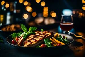 grillé Saumon avec des légumes et bière. généré par ai photo