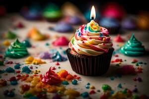 une petit gâteau avec une bougie sur Haut entouré par coloré arrose. généré par ai photo