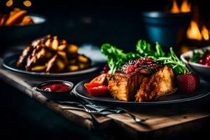 une assiette de nourriture avec une côté de sauce et baies. généré par ai photo