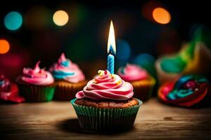 anniversaire petits gâteaux avec une allumé bougie. généré par ai photo