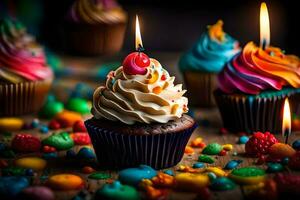 beaucoup coloré petits gâteaux avec bougies sur une tableau. généré par ai photo