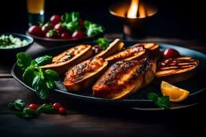 grillé sucré patates sur une noir assiette avec citron et herbes. généré par ai photo