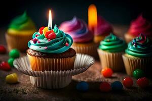 une petit gâteau avec une allumé bougie est entouré par coloré des sucreries. généré par ai photo