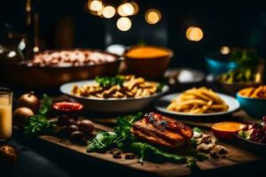 une table avec nourriture et les boissons sur il. généré par ai photo