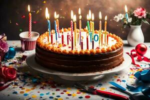 une anniversaire gâteau avec bougies sur il. généré par ai photo