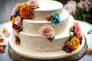 une mariage gâteau avec coloré fleurs sur Haut. généré par ai photo