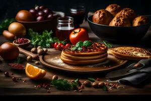 Crêpes sur une en bois planche avec pain, des légumes et autre aliments. généré par ai photo