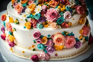 une mariage gâteau décoré avec coloré fleurs. généré par ai photo