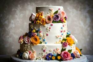 une Trois échelonné gâteau avec coloré fleurs sur Haut. généré par ai photo