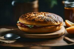 une sandwich avec fromage et Viande sur une en bois tableau. généré par ai photo