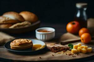 une assiette de nourriture avec pain, fromage et des oranges. généré par ai photo