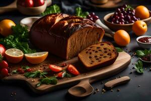 pain avec fruit et des légumes sur une Coupe planche. généré par ai photo