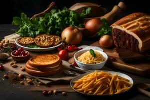 une table avec nourriture comprenant pain, fromage, et autre ingrédients. généré par ai photo