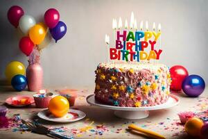 une anniversaire gâteau avec bougies et des ballons. généré par ai photo