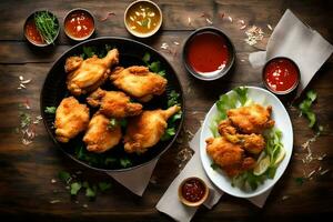 poulet ailes et sauce sur une en bois tableau. généré par ai photo