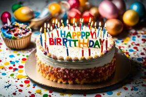 content anniversaire gâteau avec bougies sur le Haut. généré par ai photo