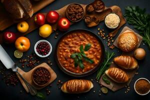 nourriture avec haricots, pain, des légumes et épices. généré par ai photo