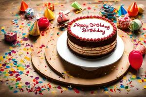 une anniversaire gâteau est entouré par confettis et des ballons. généré par ai photo