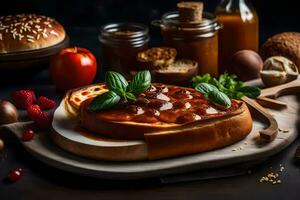 une assiette de nourriture avec pain, fromage et des légumes. généré par ai photo