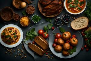 divers nourriture sur une tableau, comprenant pain, Viande, des légumes et autre ingrédients. généré par ai photo