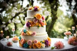 une mariage gâteau avec coloré fleurs sur Haut. généré par ai photo