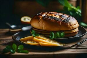 une sandwich avec fromage et pain sur une plaque. généré par ai photo