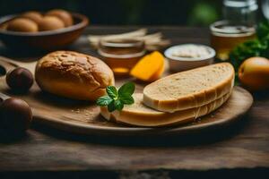 pain, fromage et autre Ingrédients sur une en bois tableau. généré par ai photo