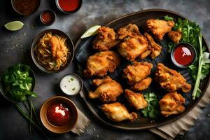 poulet ailes sur une assiette avec sauce et autre ingrédients. généré par ai photo