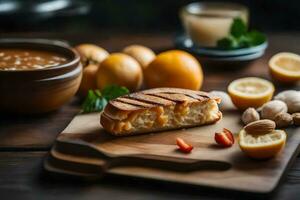 une sandwich avec fromage, des noisettes et une bol de soupe. généré par ai photo