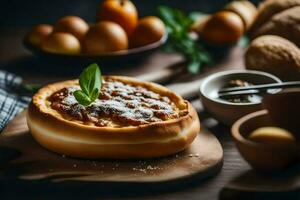 une Pizza avec fromage et pain sur une en bois tableau. généré par ai photo