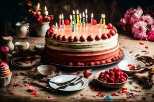 anniversaire gâteau avec bougies sur Haut. généré par ai photo