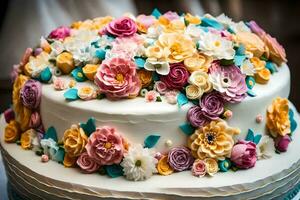 une gâteau décoré avec coloré fleurs. généré par ai photo