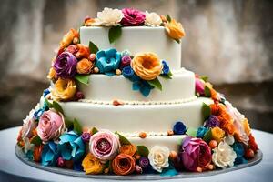 une Trois échelonné gâteau avec coloré fleurs sur Haut. généré par ai photo