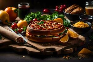 une sandwich avec des légumes et autre Ingrédients sur une Coupe planche. généré par ai photo