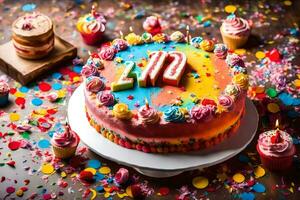 une anniversaire gâteau avec le nombre un sur il. généré par ai photo