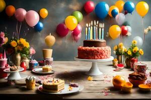 anniversaire gâteau avec bougies et des ballons sur tableau. généré par ai photo