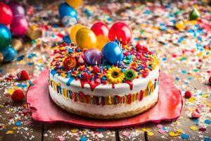 une anniversaire gâteau avec coloré arrose et des ballons. généré par ai photo