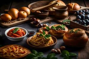 spaghetti, pain, et autre nourriture sur une tableau. généré par ai photo