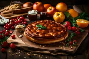 une Pizza avec fromage, tomates et autre ingrédients. généré par ai photo